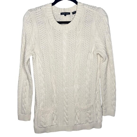 Jeanne Pierre Cable Knit Fisherman Sweater Ivory Front Pockets Preppy Size Small - Picture 1 of 9